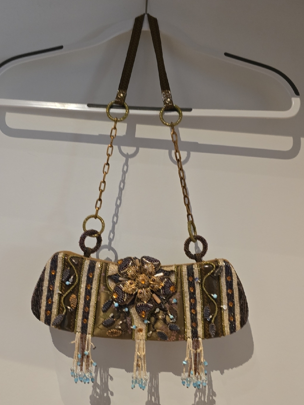 Mary Frances Embellished Taupe Beaded Evening Clutch with Chain Strap
